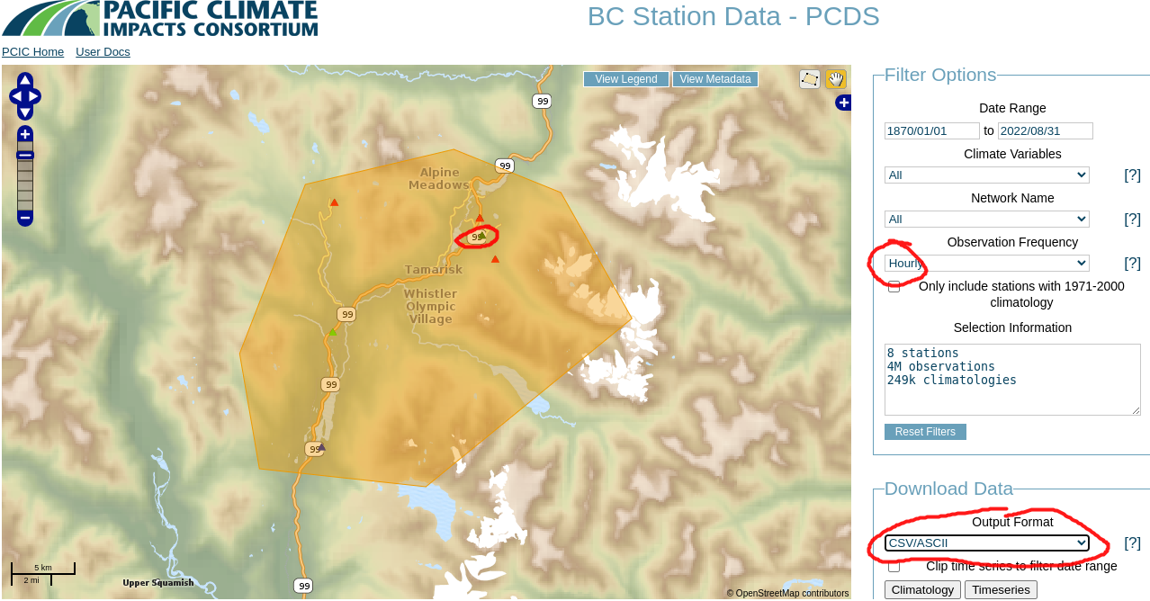 Location of Environment Canada climate stations at Whistler with hourly data.